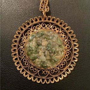 NEW Vintage Jade necklace (luck, brassy gold, Sun disk, medallion)